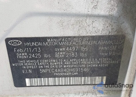 2013 Hyundai Sonata Limited 2.0T from USA, damaged, VIN 5NPEC4AB4DH691546